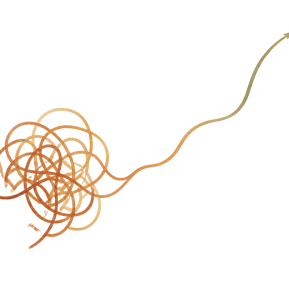 A tangled line unravelling into a single smooth path rising upward